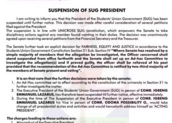 Cross River Varsity SUG Leader Suspended Amid N6 Million Misappropriation Allegations