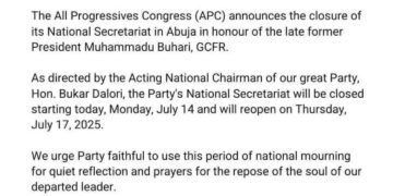 APC closes national, state secretariats over Buhari’s death